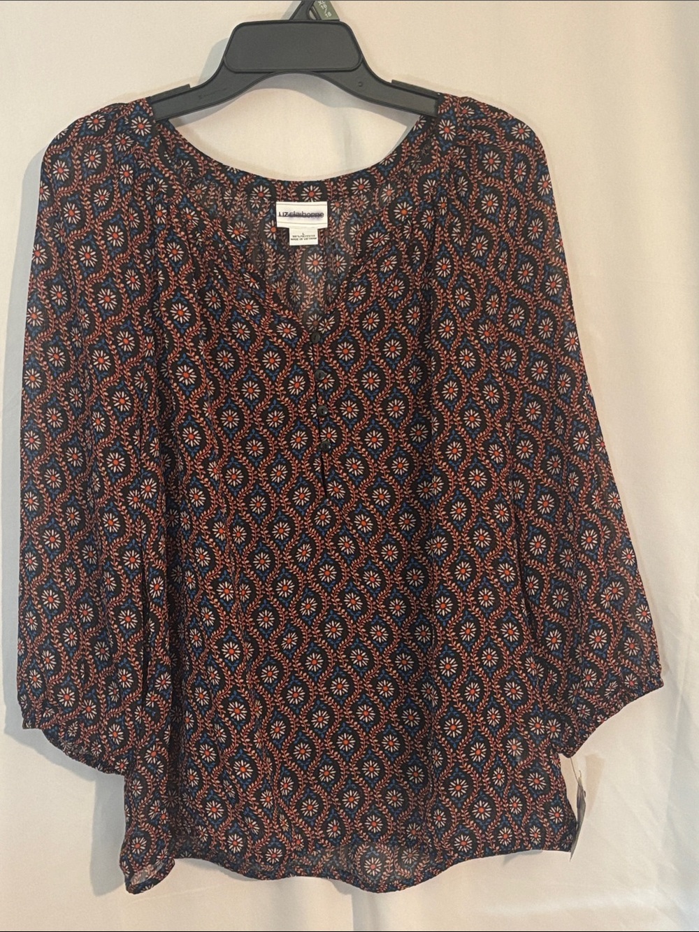 Liz Claiborne Multicolor Geometric Fall Peasant Blouse w/built in Cami SZ Large
